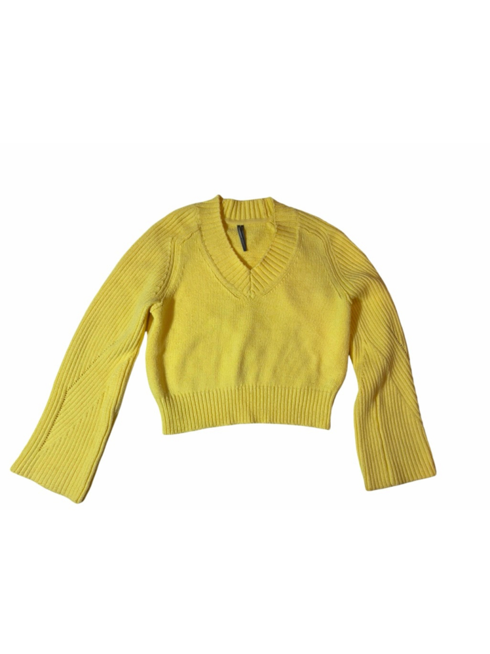 Anthropologie Yellow Rib Knit Cropped Sweater Bell Sleeve Cottagecore Boho Small